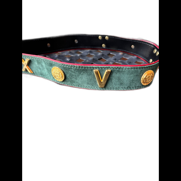 Escada Belt Green Suede with Red edging,  Gold Buckle and Gold Roman Numerals - Picture 8 of 10